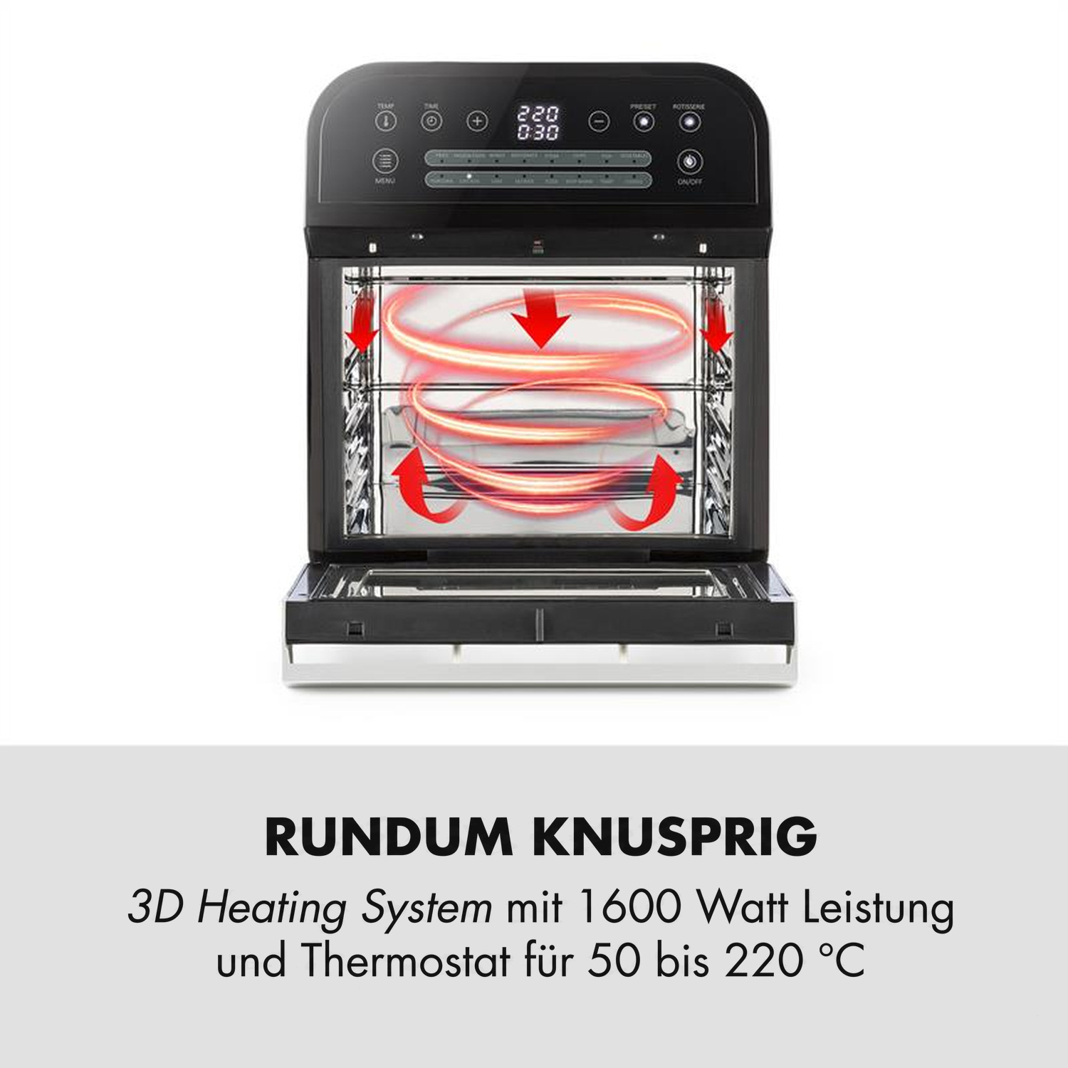 Schwarze Heißluftfritteuse mit offener Glastür, roten Hitzepfeilen und digitalem Bedienfeld.