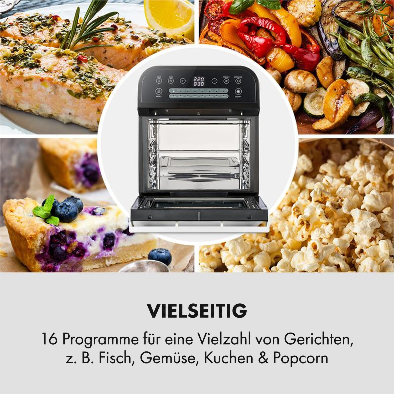 Eine Heißluftfritteuse in der Mitte mit verschiedenen zubereiteten Gerichten wie Fisch, Gemüse, Kuchen und Popcorn darum.