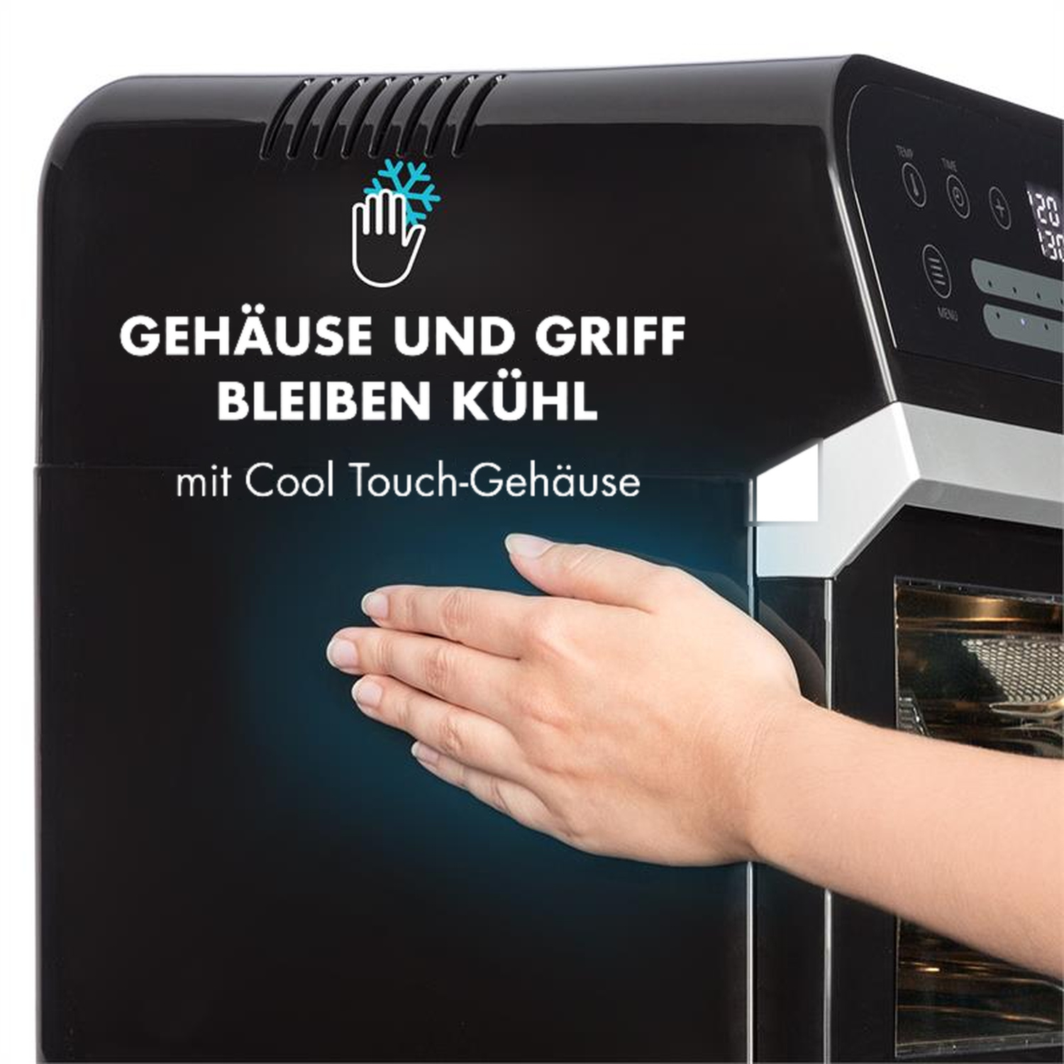 Eine Hand berührt das Gehäuse einer schwarzen Heißluftfritteuse, mit Text über Cool-Touch-Technologie.