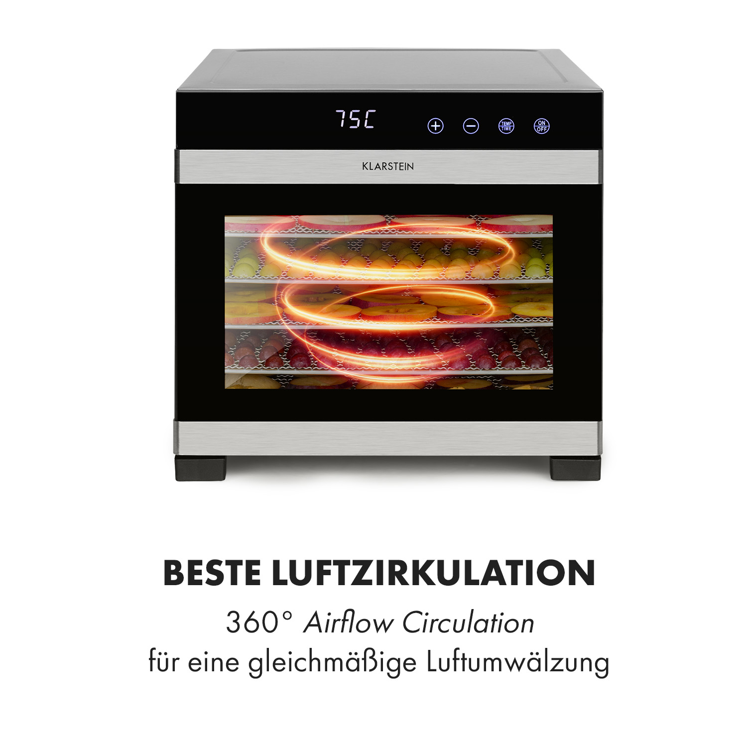 Deshidratador de alimentos Klarstein con pantalla digital, lleno de frutas y remolinos de calor.
