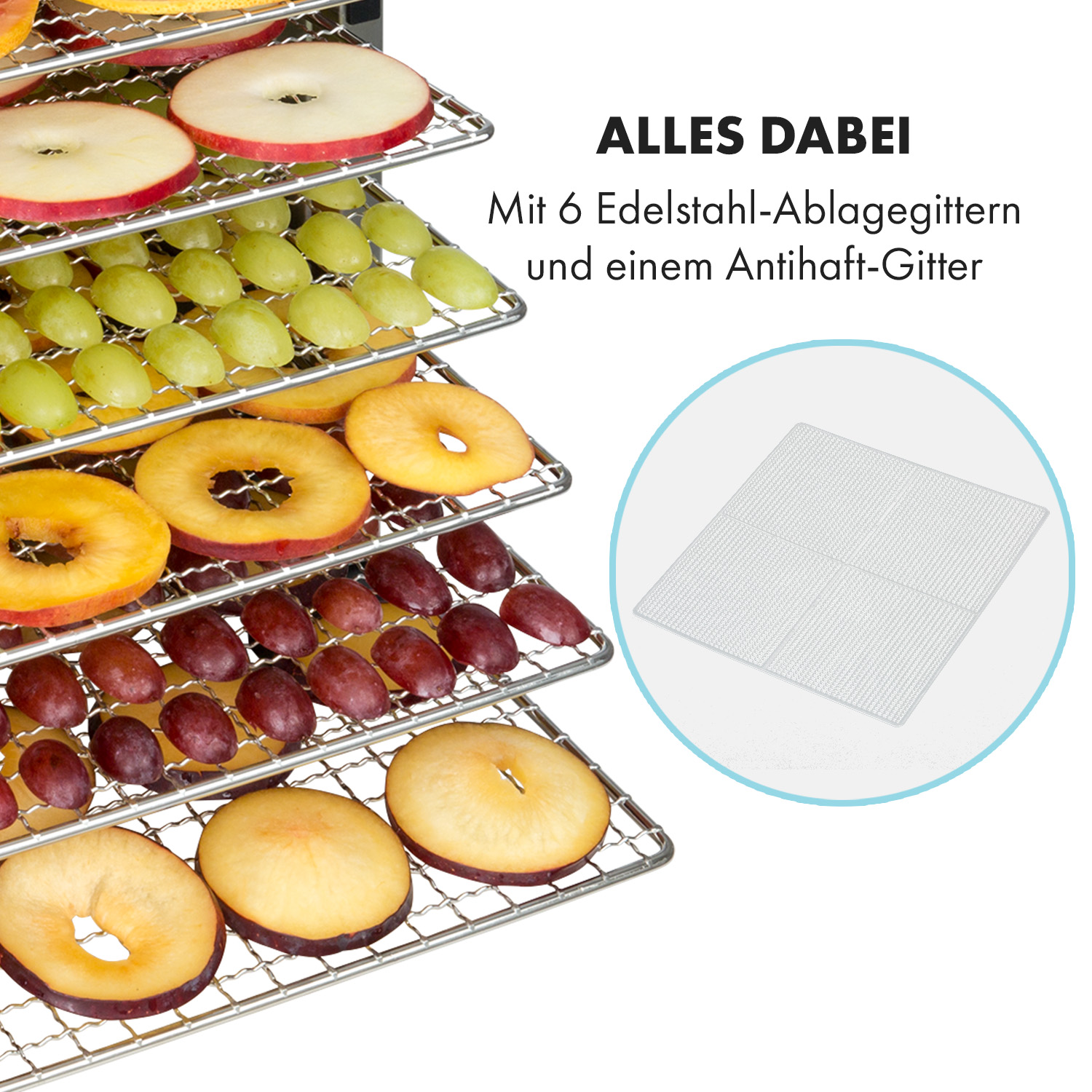 Bandejas de deshidratador con rodajas de manzana, uvas verdes, rodajas de melocotón y uvas rojas, con texto en alemán.