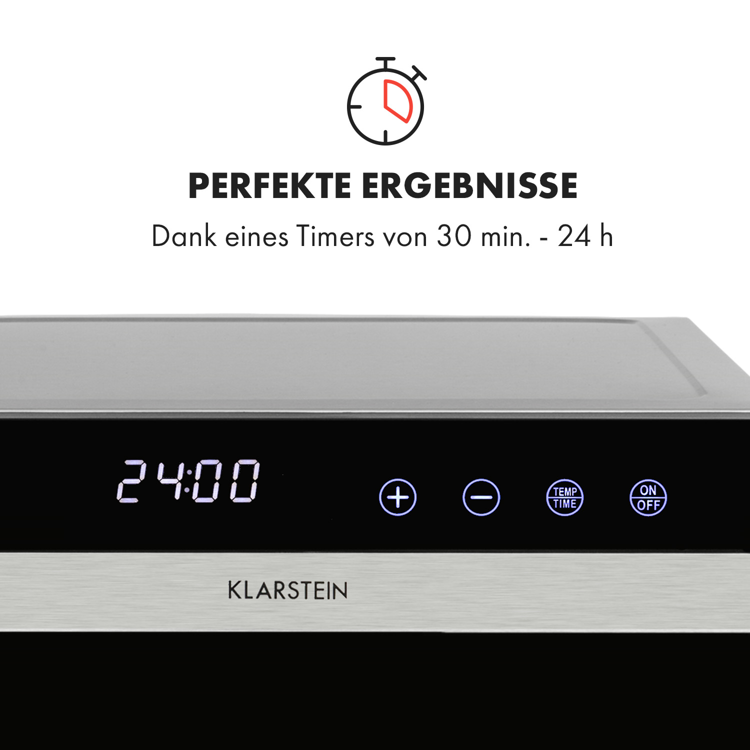 Panel de control Klarstein con pantalla digital 24:00 y botones de más, menos, temp/tiempo y encendido/apagado.
