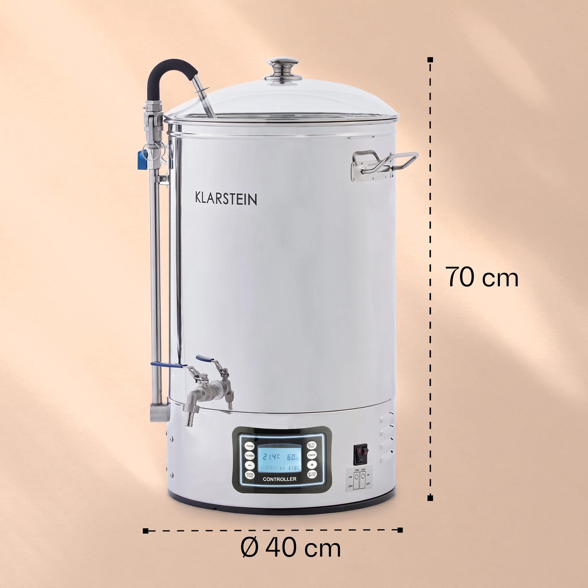 Klarstein Edelstahl-Maischkessel, 70 cm hoch und 40 cm Durchmesser, mit digitalem Controller und Zapfhahn.
