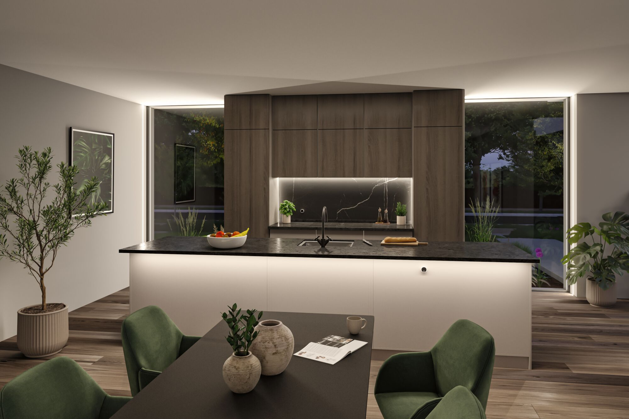 Moderne Küche mit dunklen Holzschränken, heller Kücheninsel, Esstisch mit grünen Stühlen und großen Fenstern.