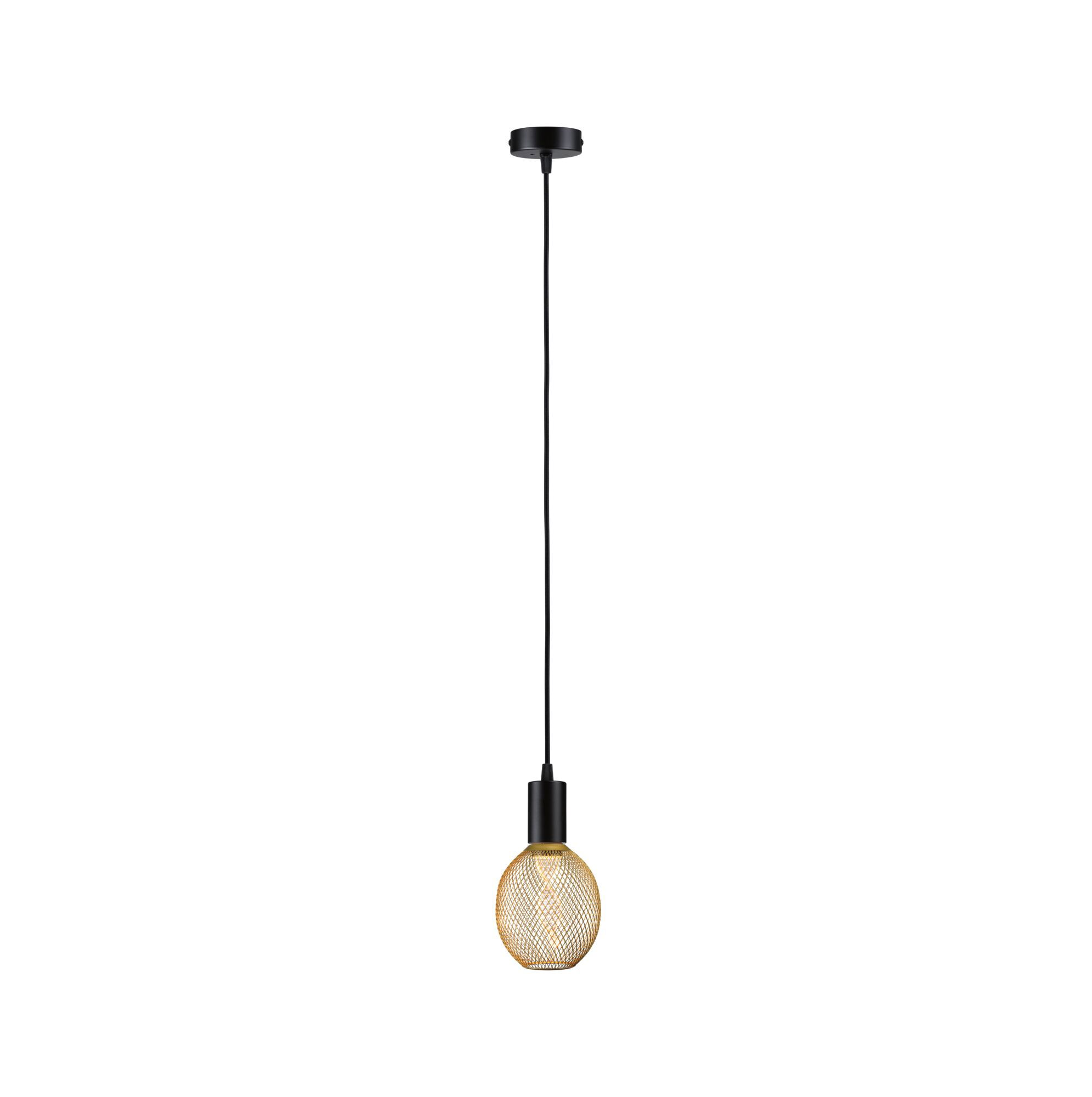 Eine schwarze Pendelleuchte mit einer runden, goldenen Gitterkugel und einer Glühbirne im Inneren.