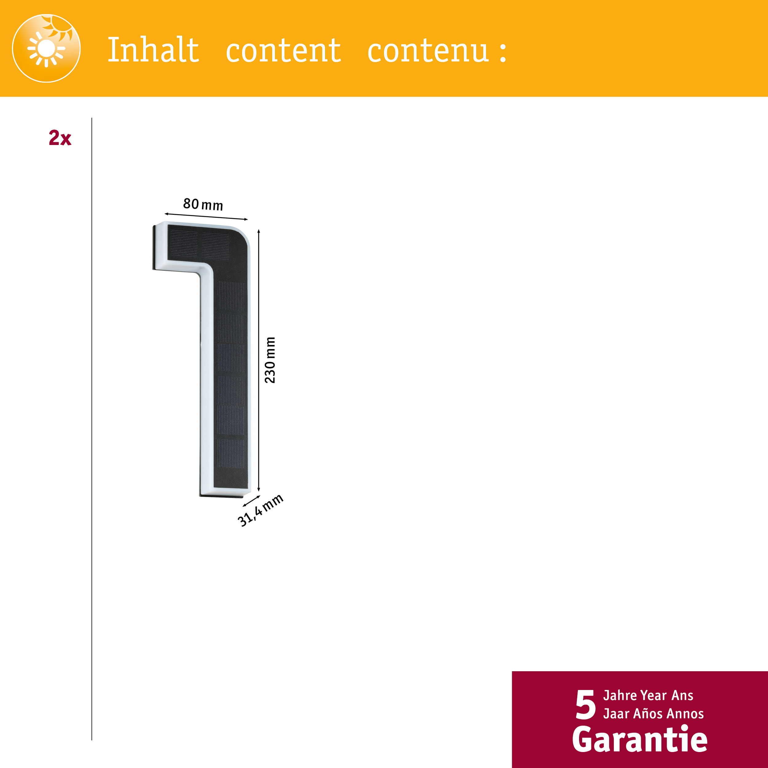 Diagram wymiarów solarnego numeru domu jeden: szerokość 80 mm, wysokość 230 mm, głębokość 31,4 mm, z 5-letnią gwarancją.