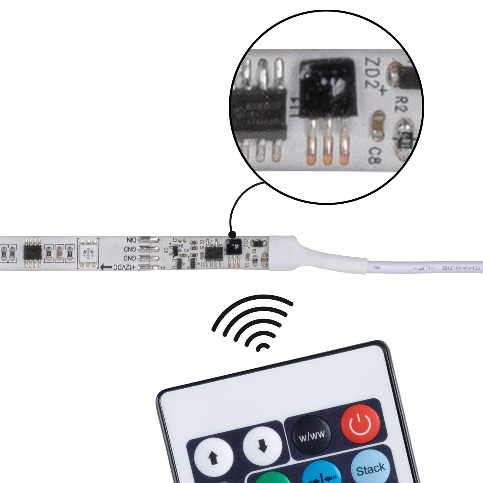 LED-Streifen mit Mikrochip-Nahaufnahme und drahtloser Fernbedienung.