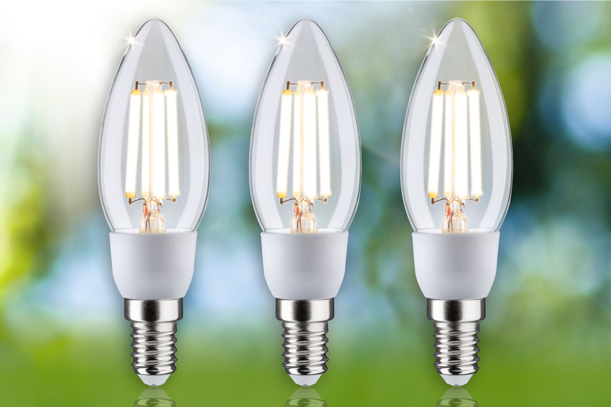 Drei beleuchtete LED-Kerzenlampen mit klarem Glas und Schraubsockel vor verschwommenem grünem Hintergrund.