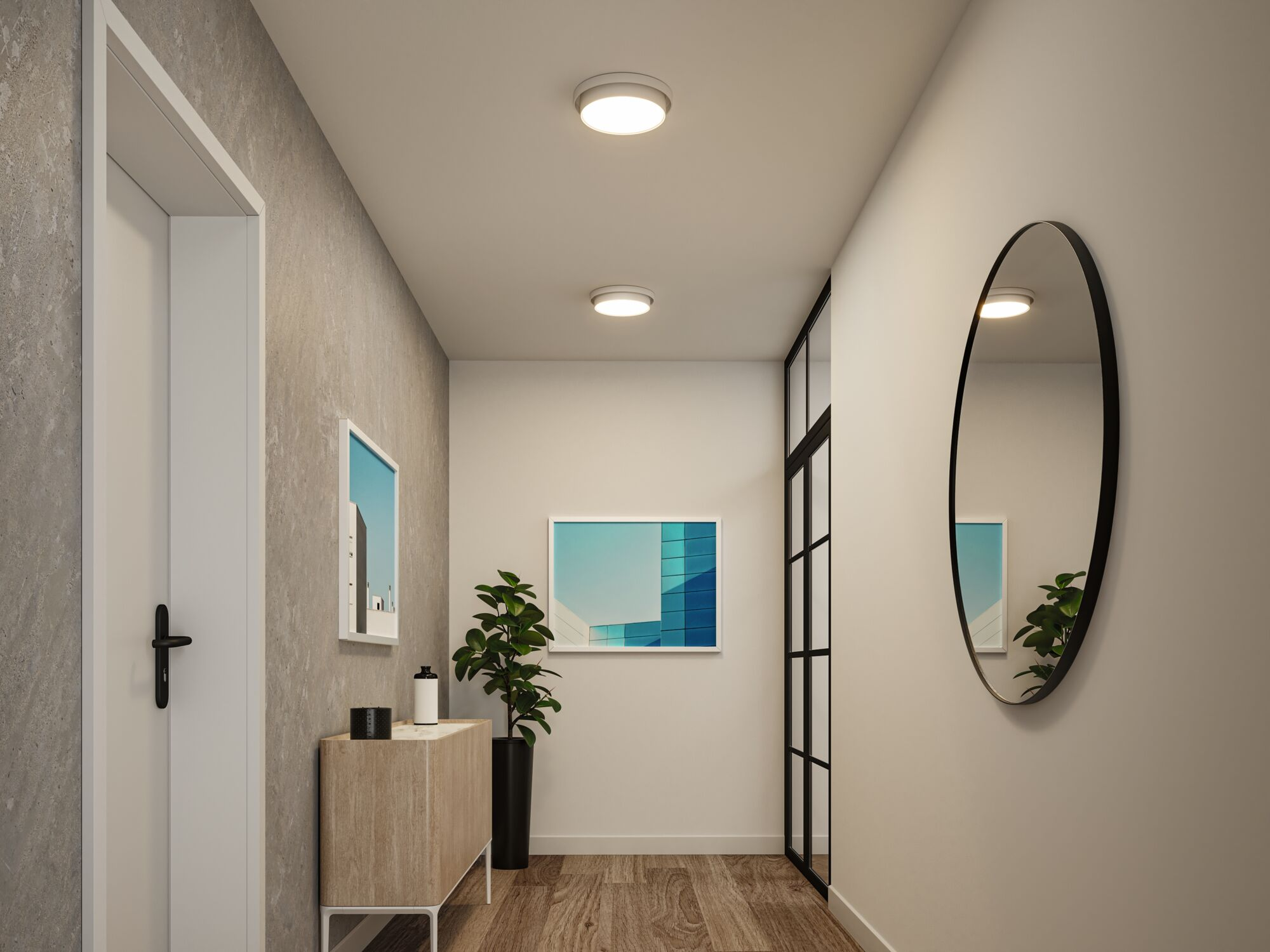 Flur mit Holzfußboden, Konsole, Wandbildern, runden Deckenlampen, ovalem Spiegel an weißer Wand und einer Glastür.