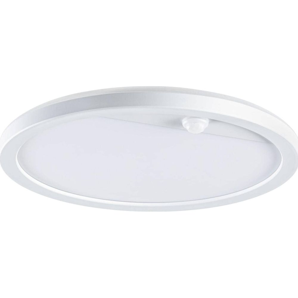 Runde weiße LED-Deckenleuchte mit integriertem Sensor auf einer weißen Hintergrund.