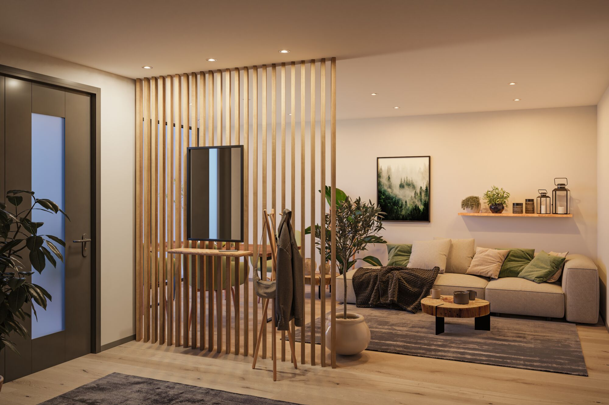Moderne Raumteiler aus Holz trennen Eingangsbereich und gemütliches Wohnzimmer mit Sofa.