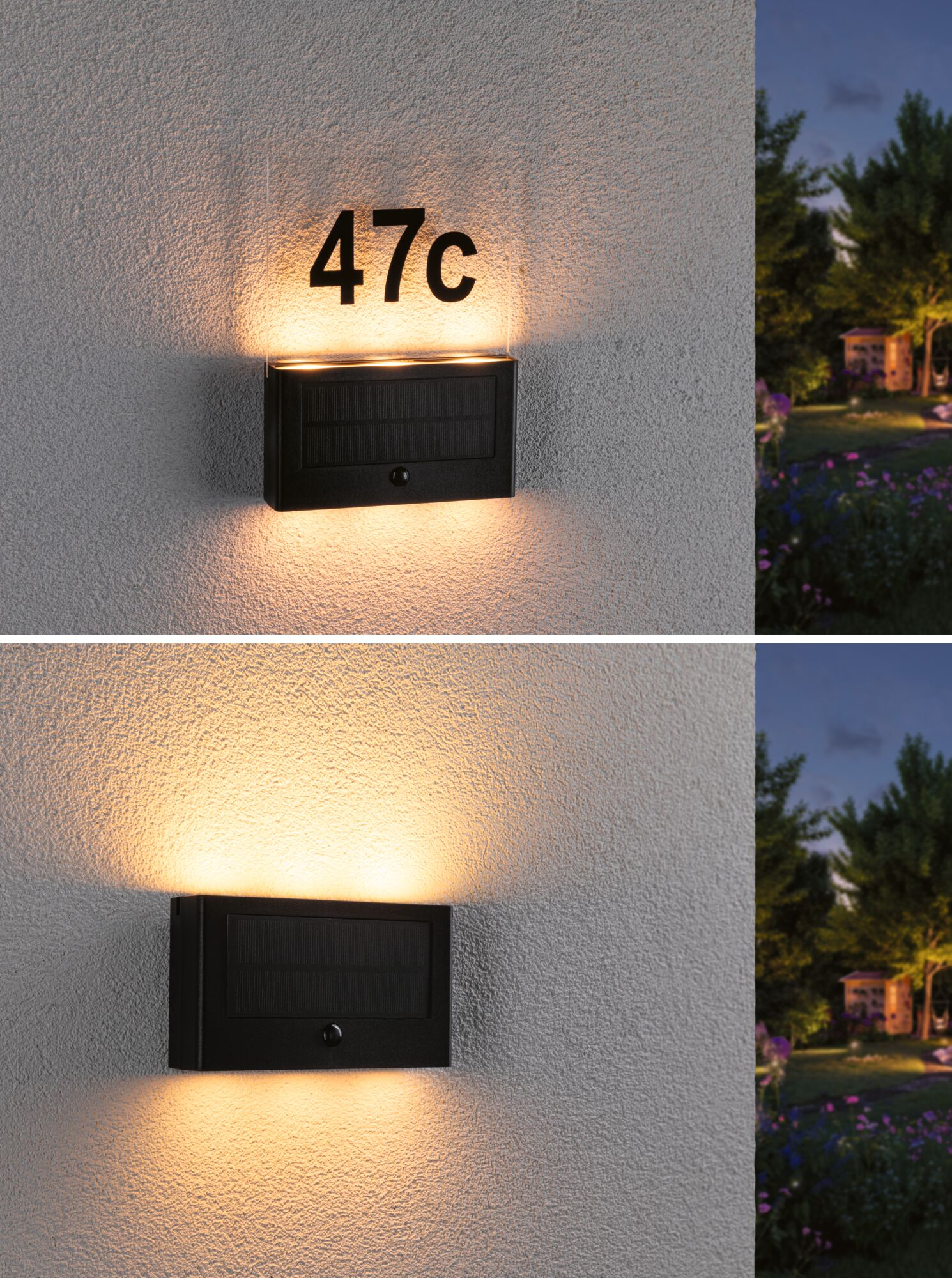 Solar-Wandleuchte an einer grauen Hauswand mit beleuchtetem Schild "47c" und Garten im Hintergrund.