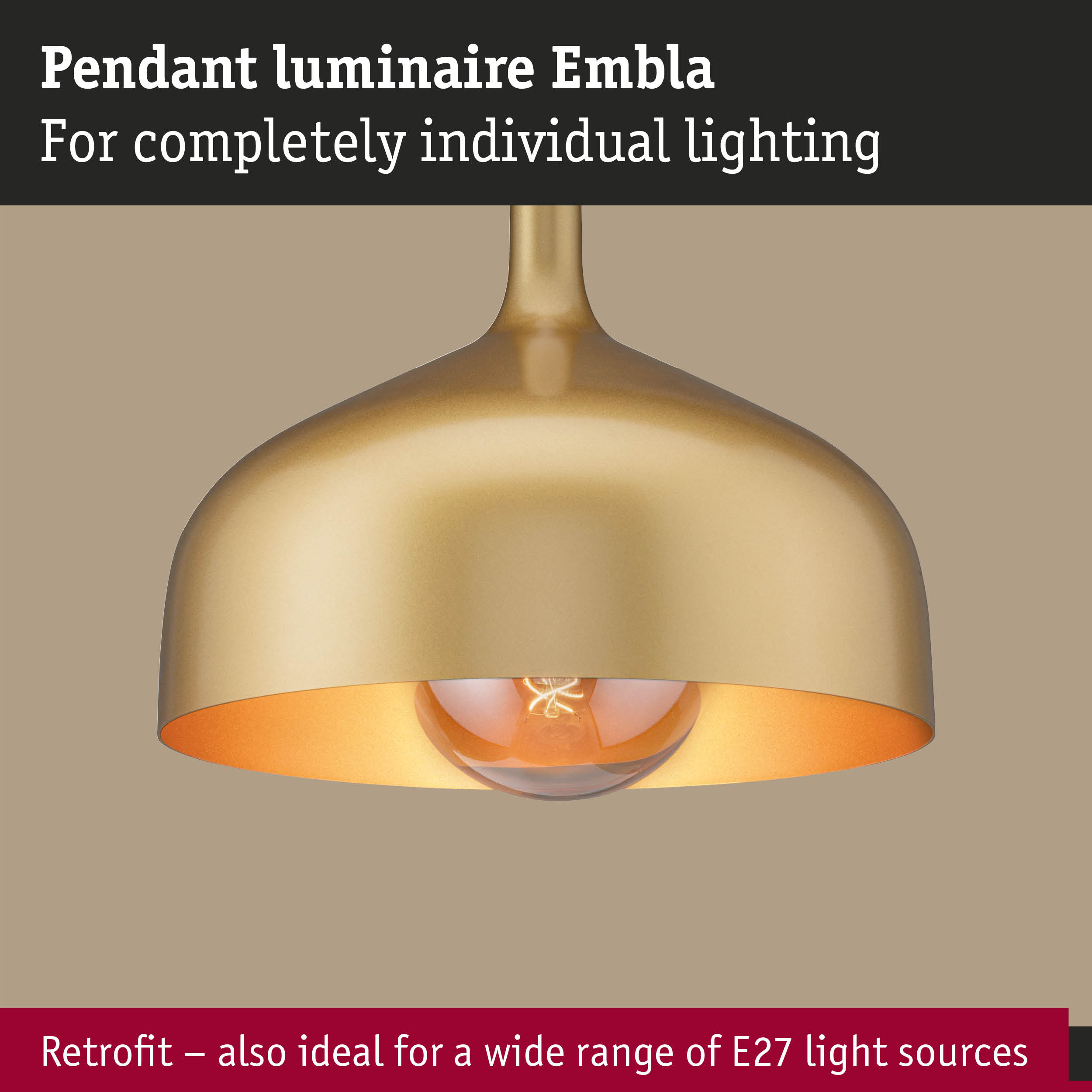 Goldene Embla Pendelleuchte mit E27-Leuchtmittel vor neutralem Hintergrund und Werbetext.