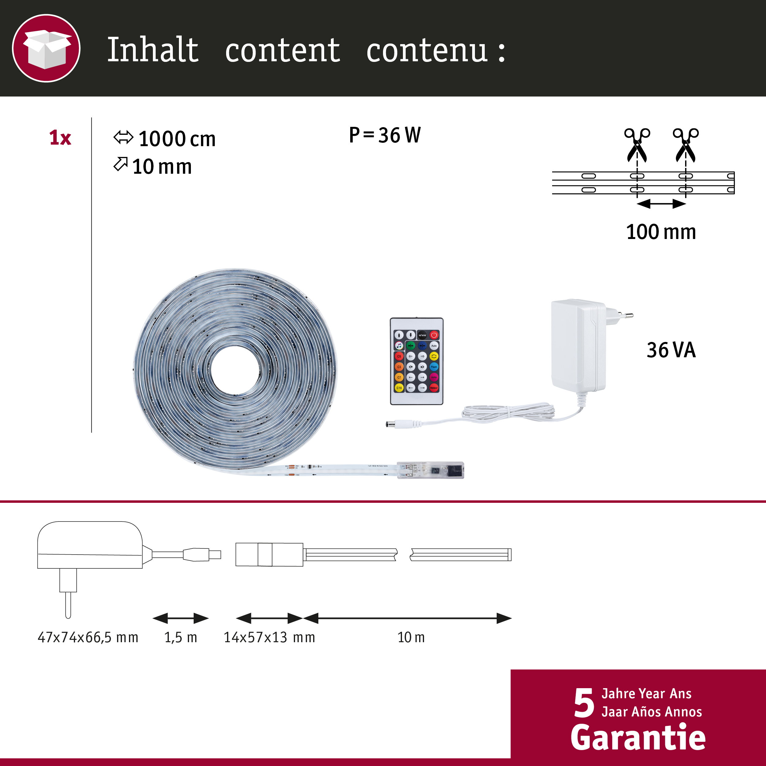 Zestaw taśmy LED 1000cm z pilotem, zasilaczem i wymiarami na białym tle.