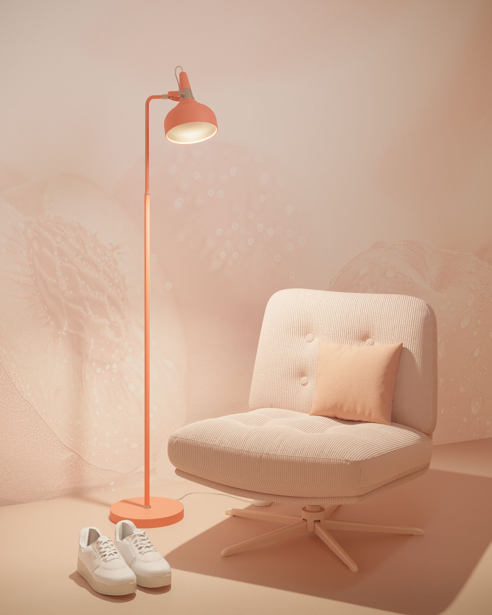 Ein rosafarbener Sessel mit Kissen, eine Stehlampe und weiße Sneaker vor einer gemusterten Wand.