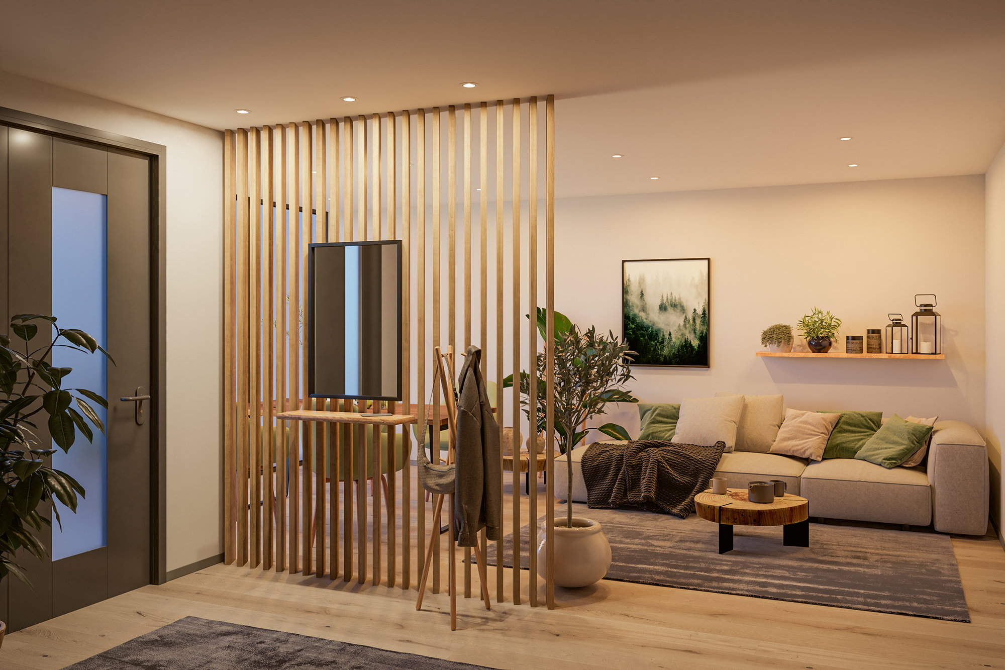 Moderne Raumteiler aus Holz trennen den Flur vom hellen Wohnzimmer mit gemütlichem Sofa und Dekoration.