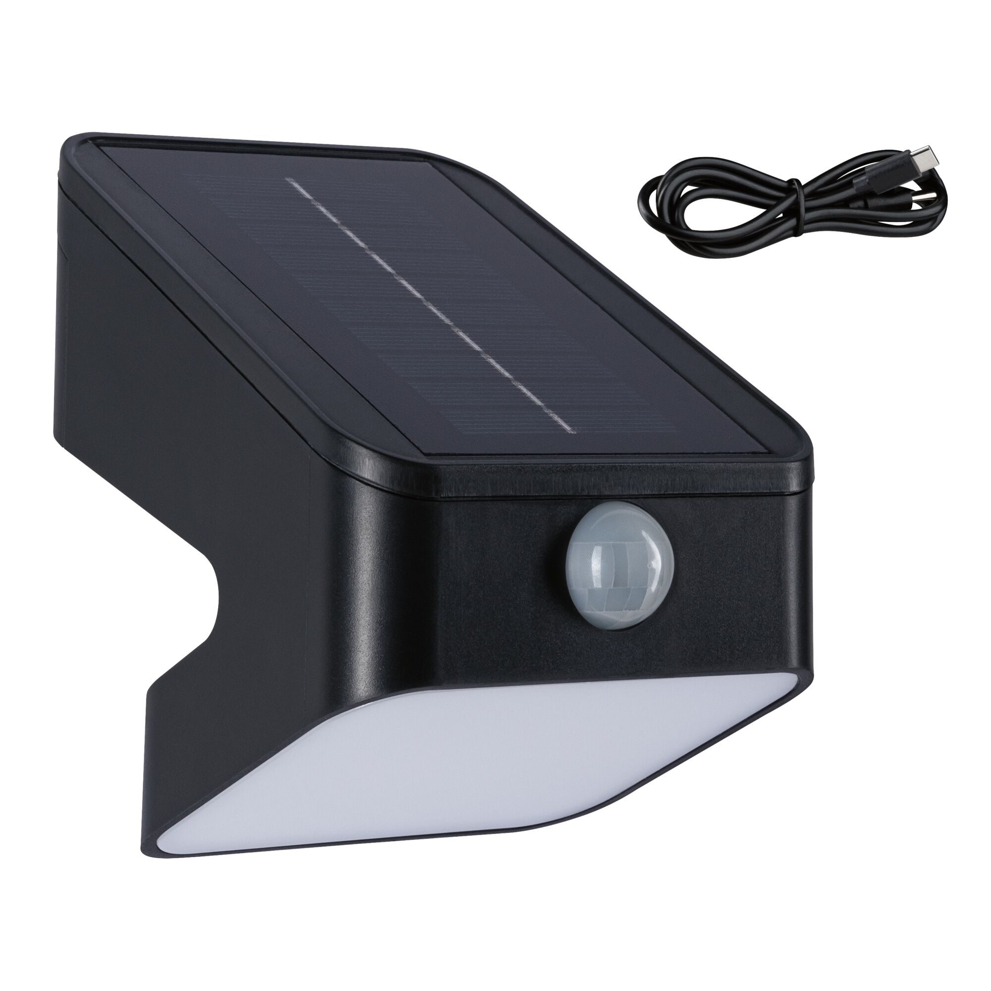 Eine schwarze Solarlampe mit Bewegungsmelder und schwarzem Ladekabel vor weißem Hintergrund.