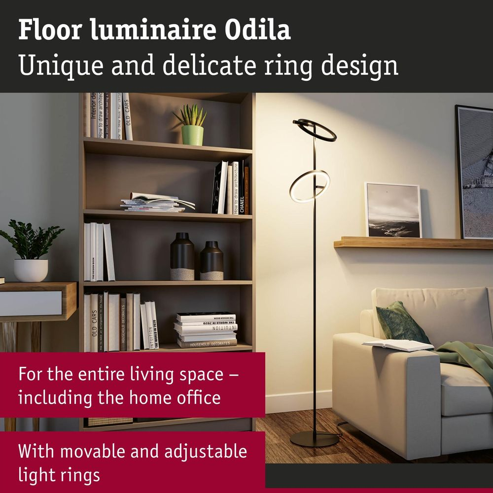Moderne schwarze Stehlampe Odila mit zwei Ringen in einem gemütlichen Wohnzimmer.