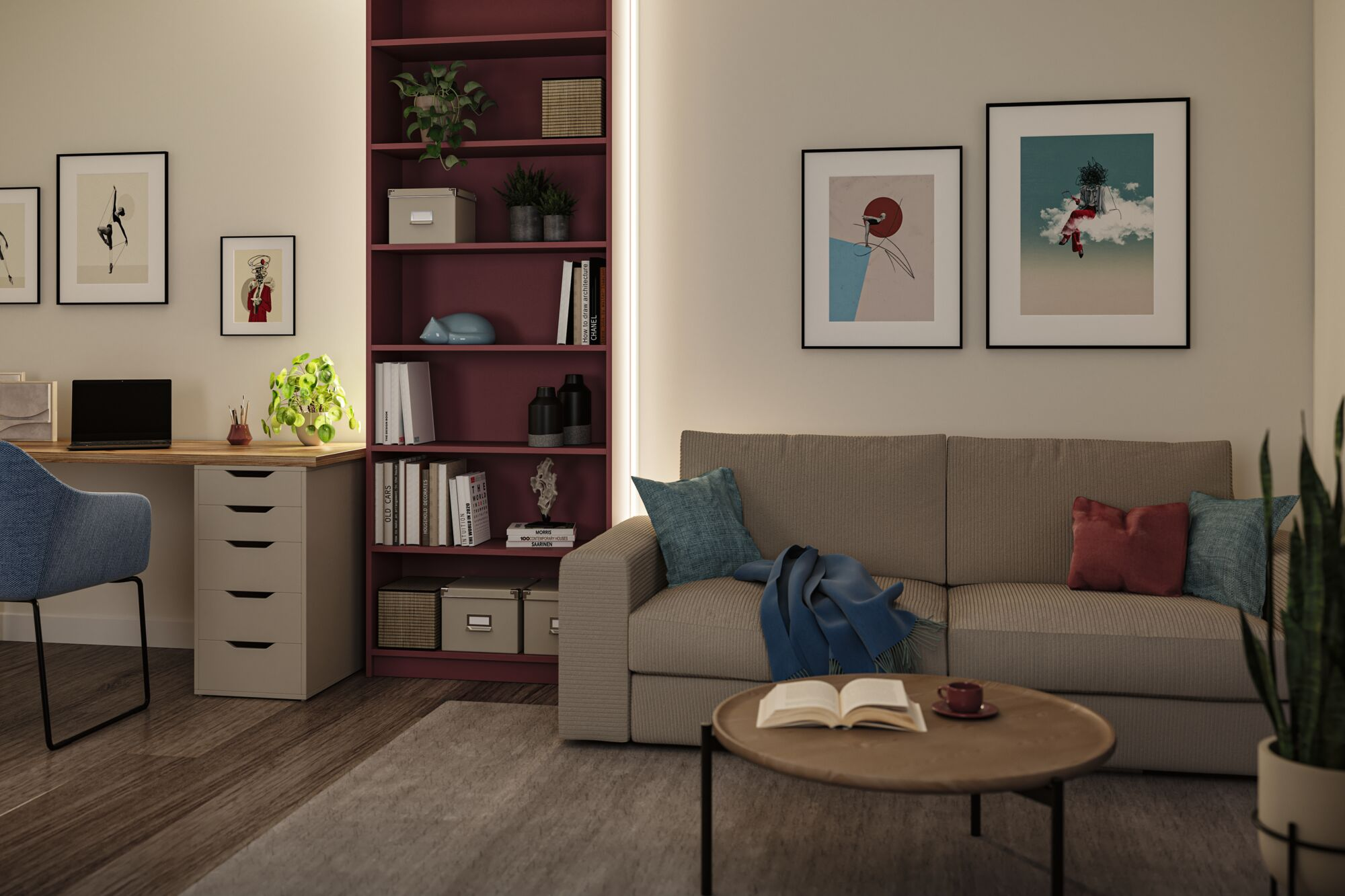 Gemütliches Wohnzimmer mit beigem Sofa, rotem Regal, Schreibtisch und Wandkunst.