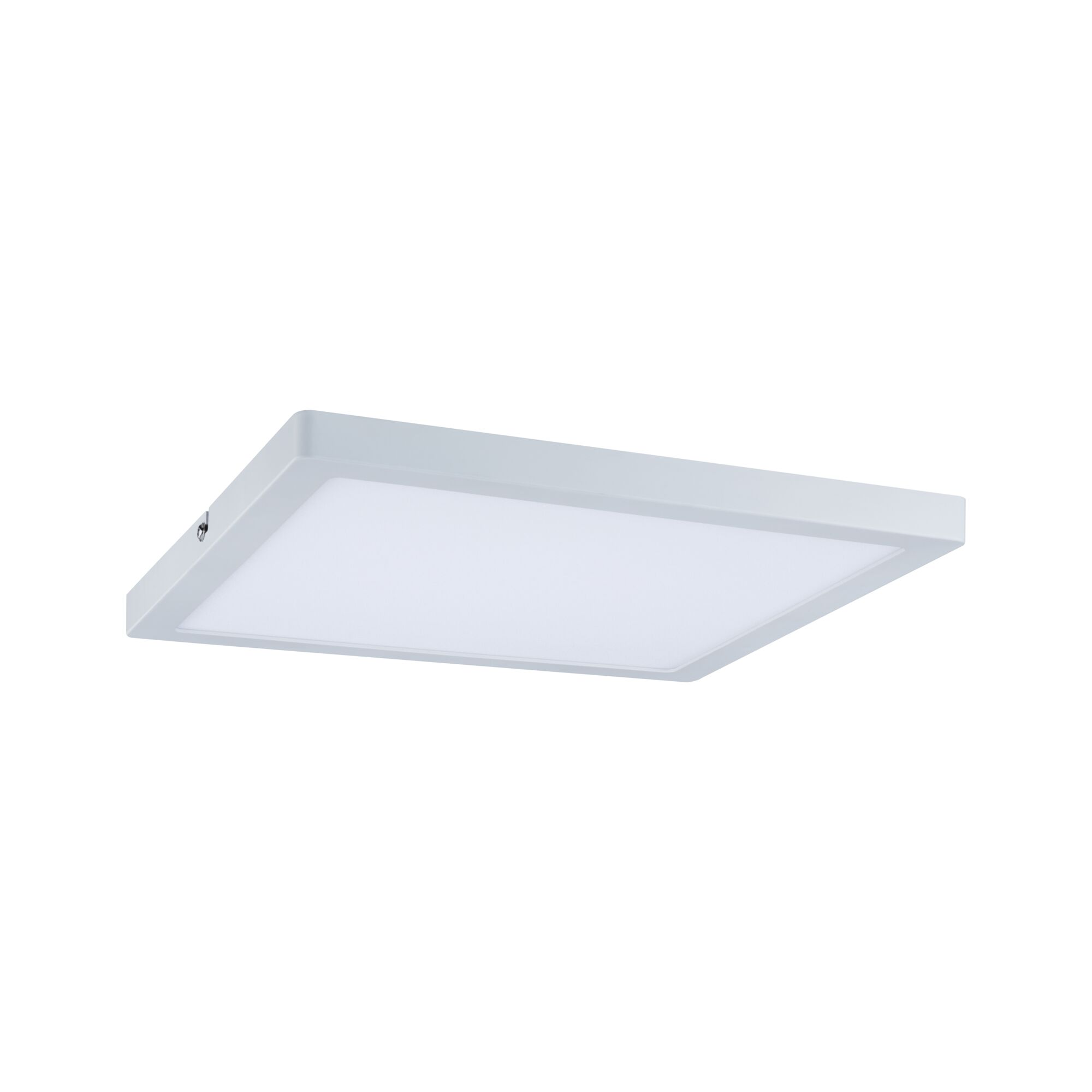 Eine moderne, flache weiße Deckenleuchte in quadratischer Form mit einem diffusen Lichtpanel gegen einen weißen Hintergrund.