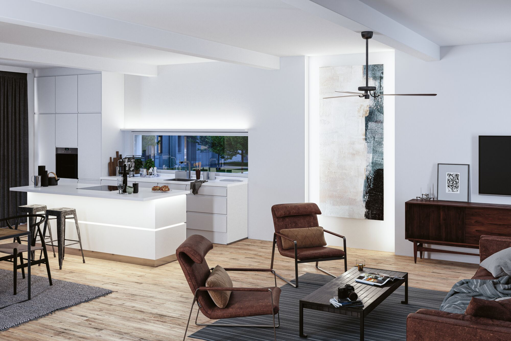 Moderne offene Küche und Wohnzimmer mit weißer Insel, braunen Sesseln und Holzboden.
