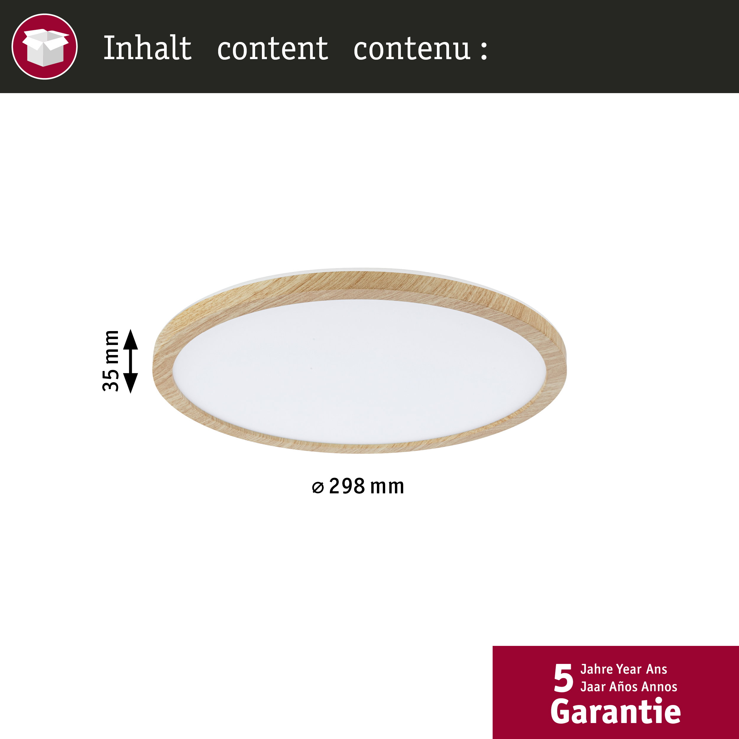 Okrągła lampa sufitowa z drewnianą obwódką o średnicy 298 mm i wysokości 35 mm, z 5-letnią gwarancją.