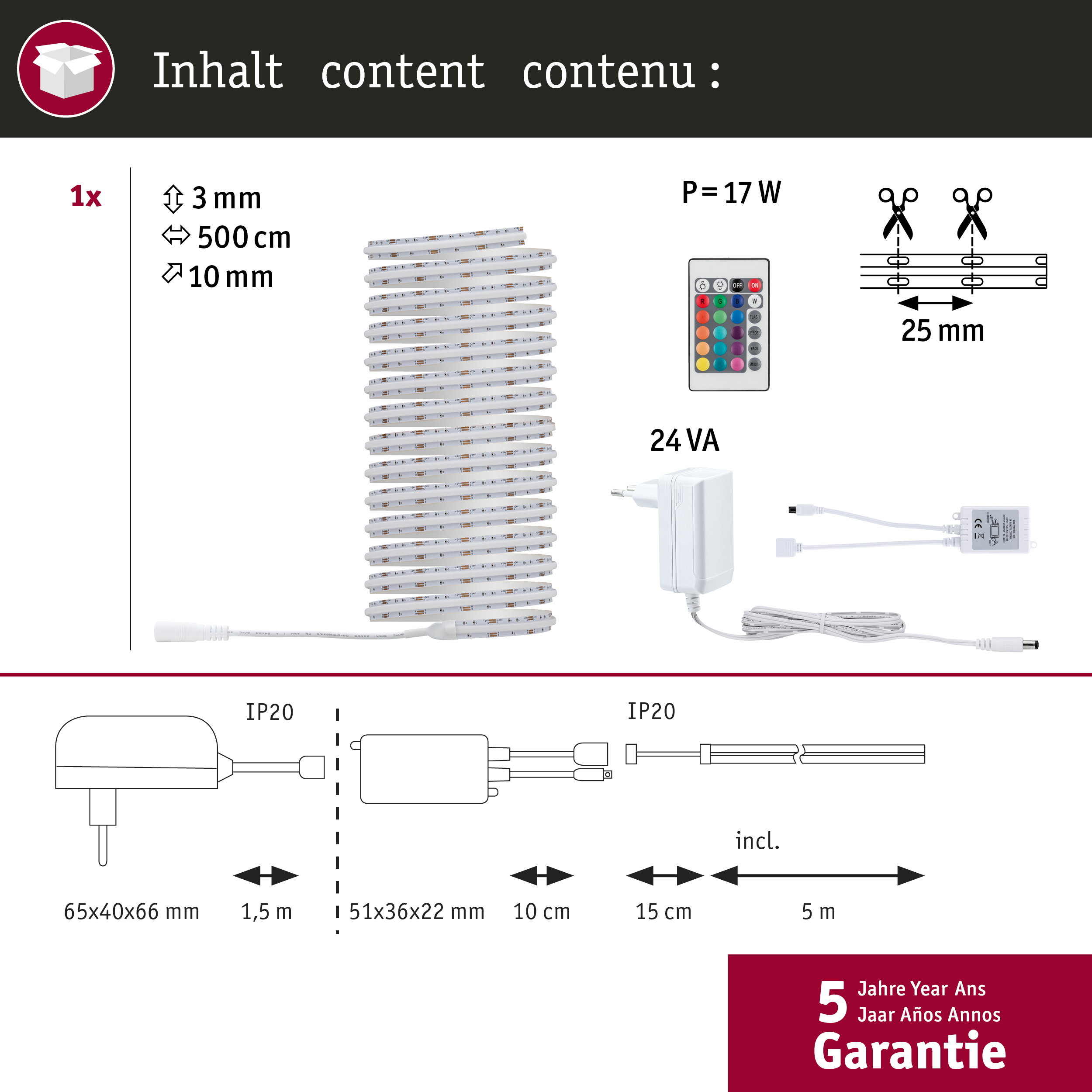 Zestaw taśm LED z rolką 500 cm, pilotem, zasilaczem i schematem technicznym.