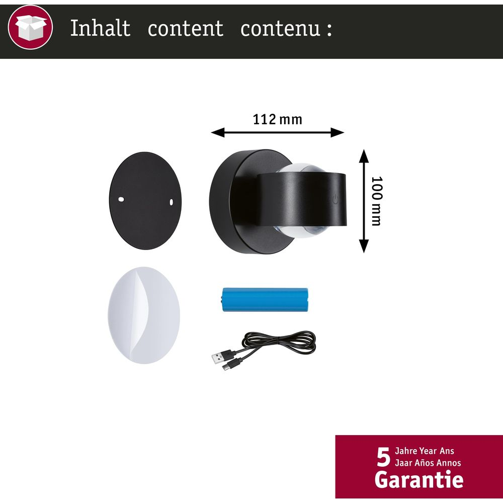 Inhalt einer Verpackung mit schwarzem Wandlicht, Montageplatte, Akku und USB-Kabel sowie Maßangaben.