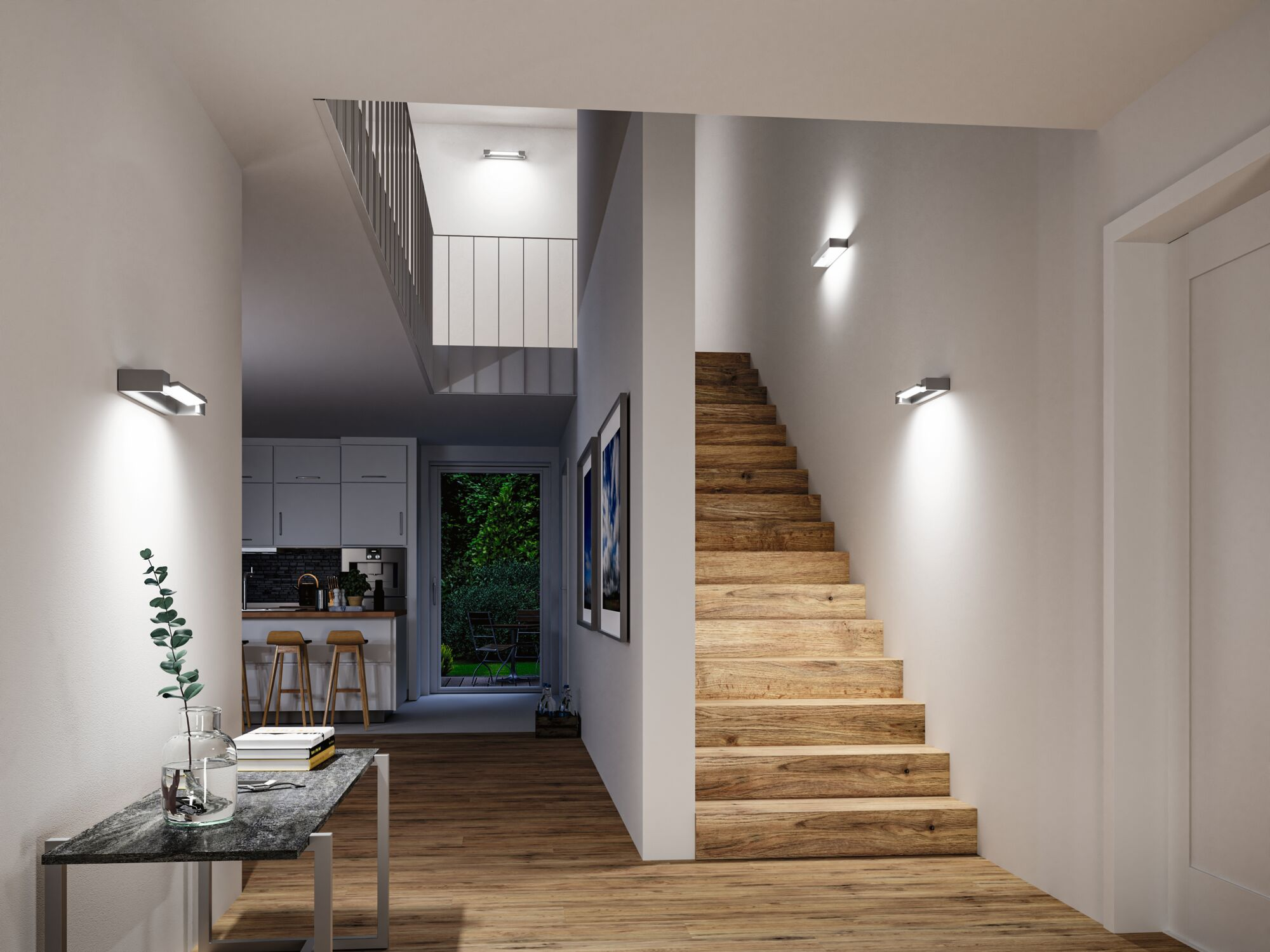 Moderne Diele mit Holztreppe, Wandleuchten, Konsole und Blick in eine Küche.