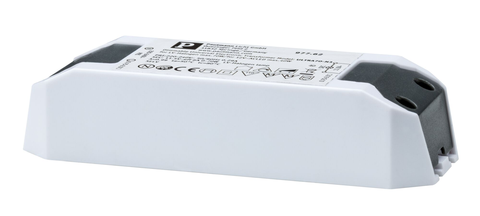 Biały, podłużny transformator elektroniczny z etykietami technicznymi i czarnymi zaciskami.