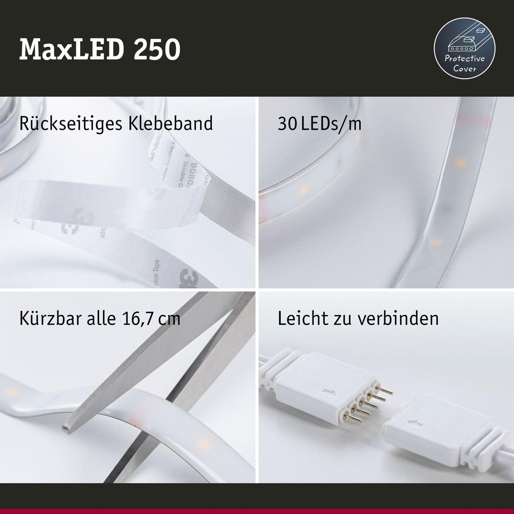 Vier Bilder zeigen MaxLED 250: Klebeband, 30 LEDs/m, kürzbar und Steckverbinder.