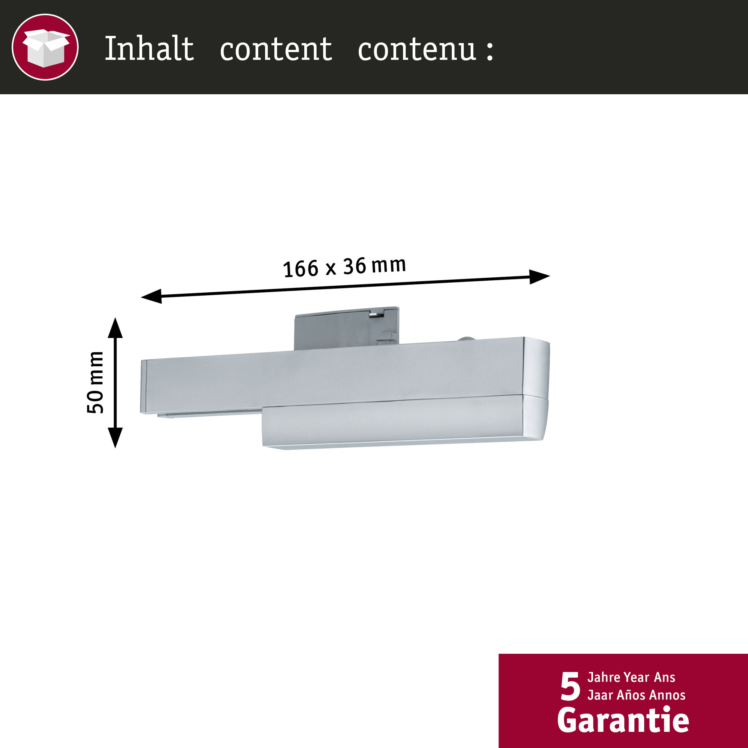 Technische Zeichnung einer silbernen Leuchte mit Maßen 166x36 mm und 50 mm, plus 5 Jahre Garantie.