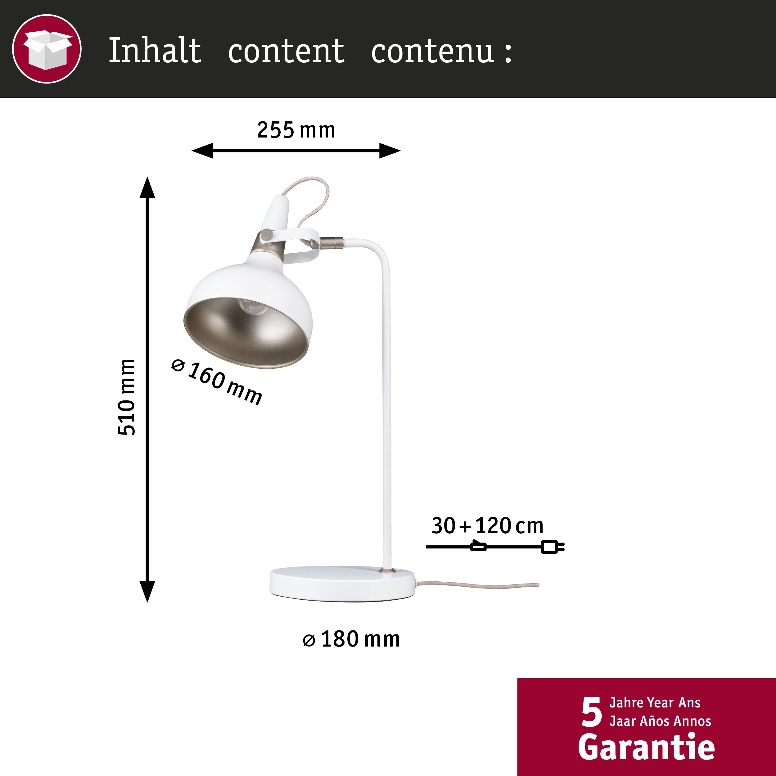 Rysunek techniczny białej lampki biurkowej z wymiarami i 5-letnią gwarancją.