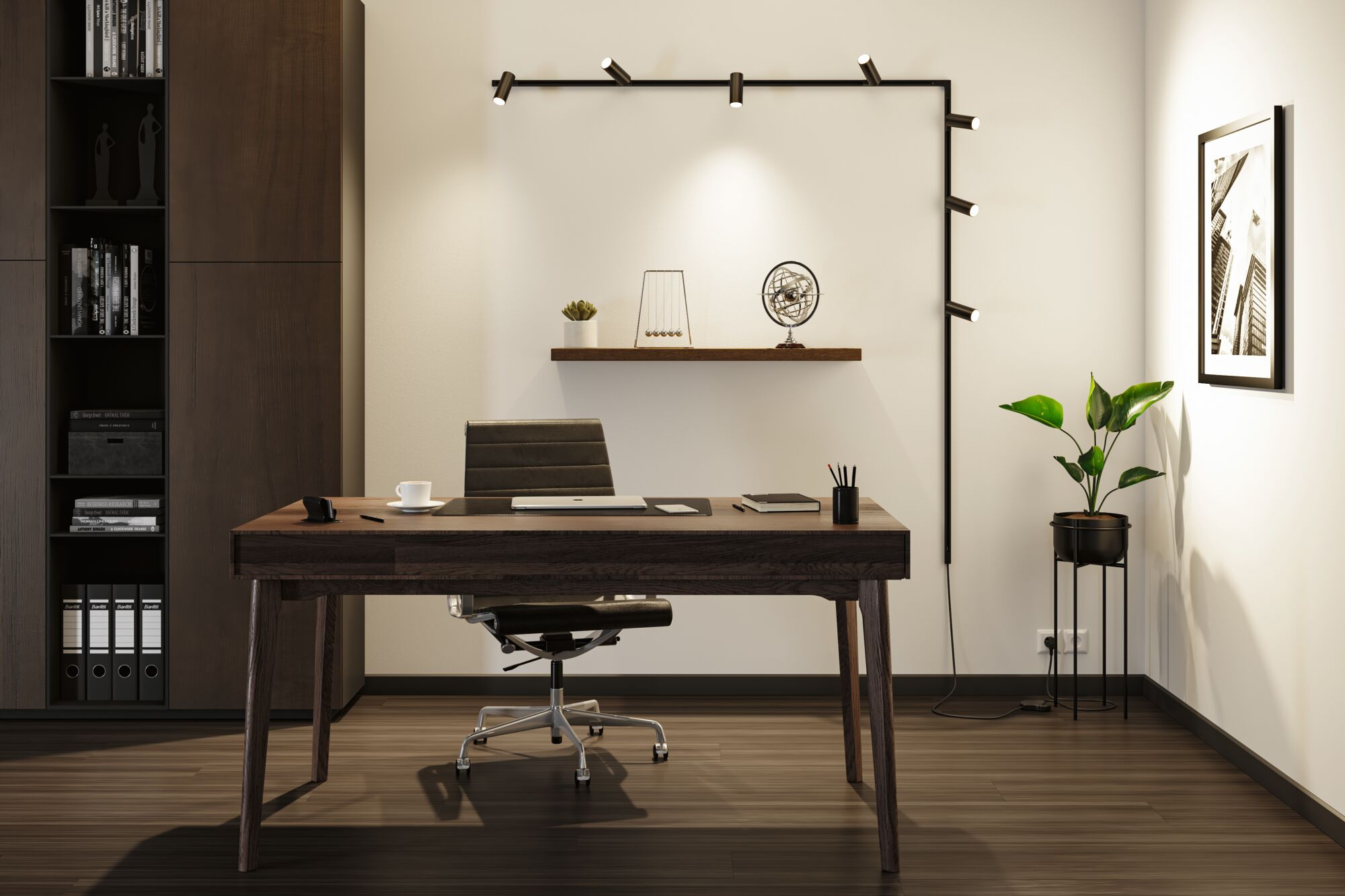 Moderne Arbeitszimmer mit dunklem Holzschreibtisch, Stuhl, Wandregal, gerahmtem Bild und Zimmerpflanze.
