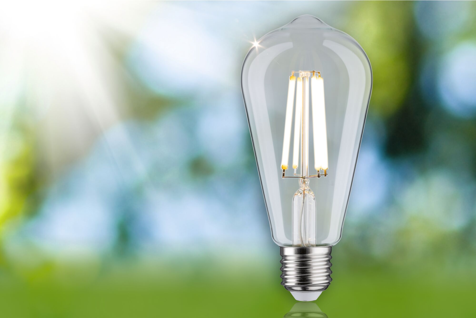 Eine leuchtende LED-Fadenlampe steht senkrecht vor einem verschwommenen grün-blauen Naturhintergrund mit Sonnenstrahlen.
