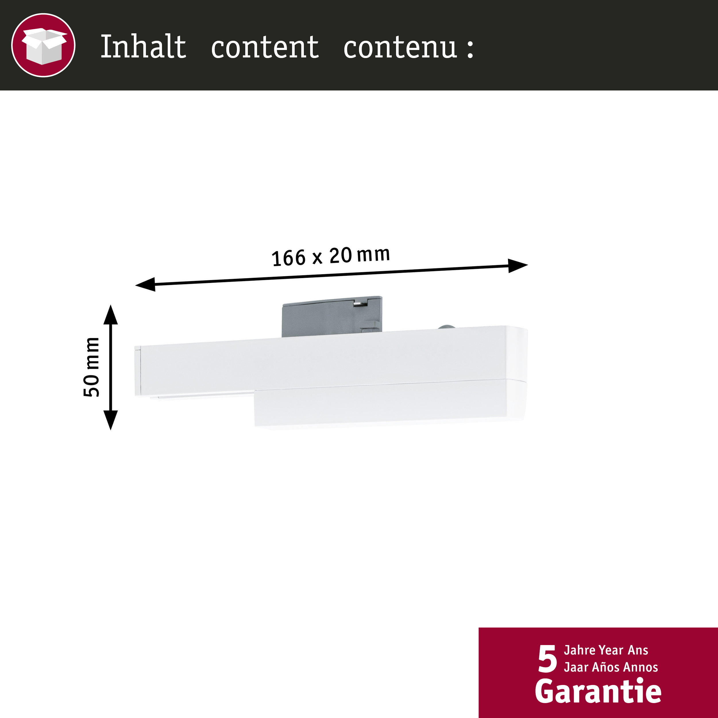 Diagramm zeigt die Produktabmessungen von 166x20 mm und 50 mm für eine weiße Leuchte mit 5 Jahren Garantie.
