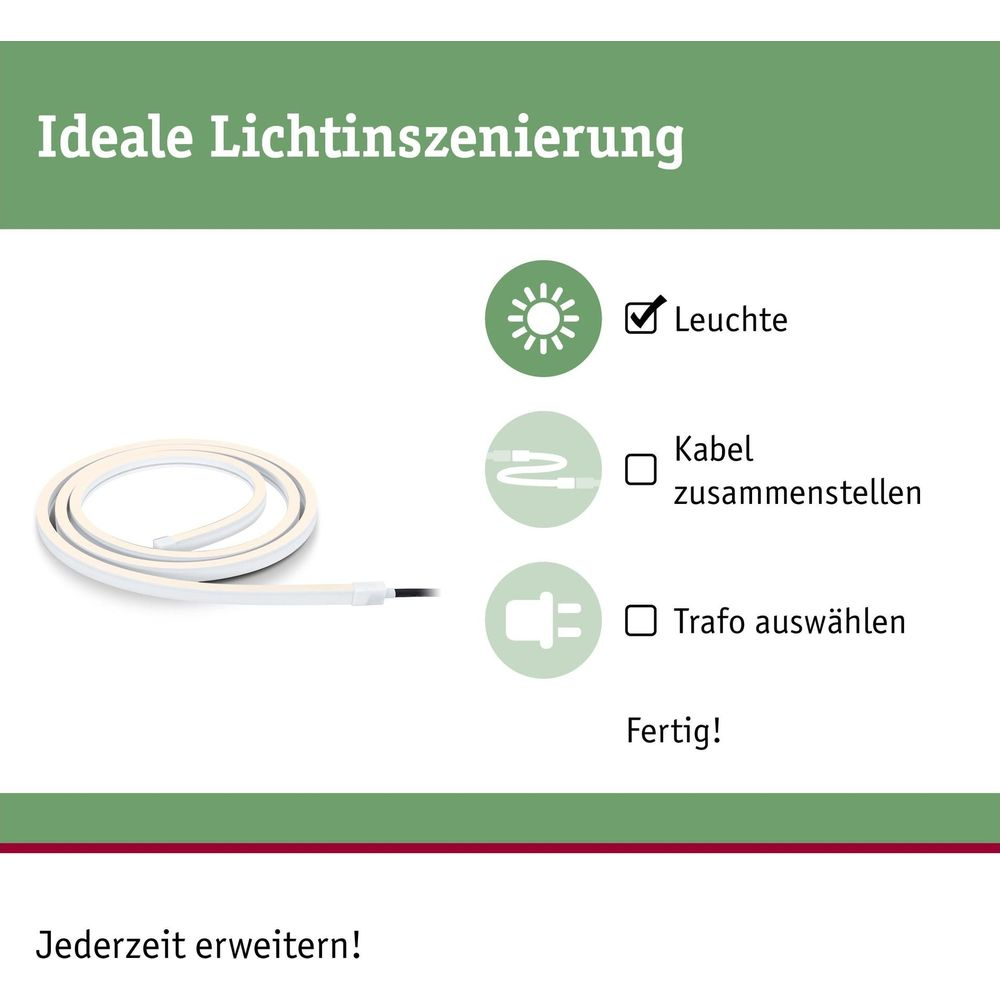 Anleitung zur Lichtinszenierung mit Leuchte, Kabel und Trafo als Schritte dargestellt.