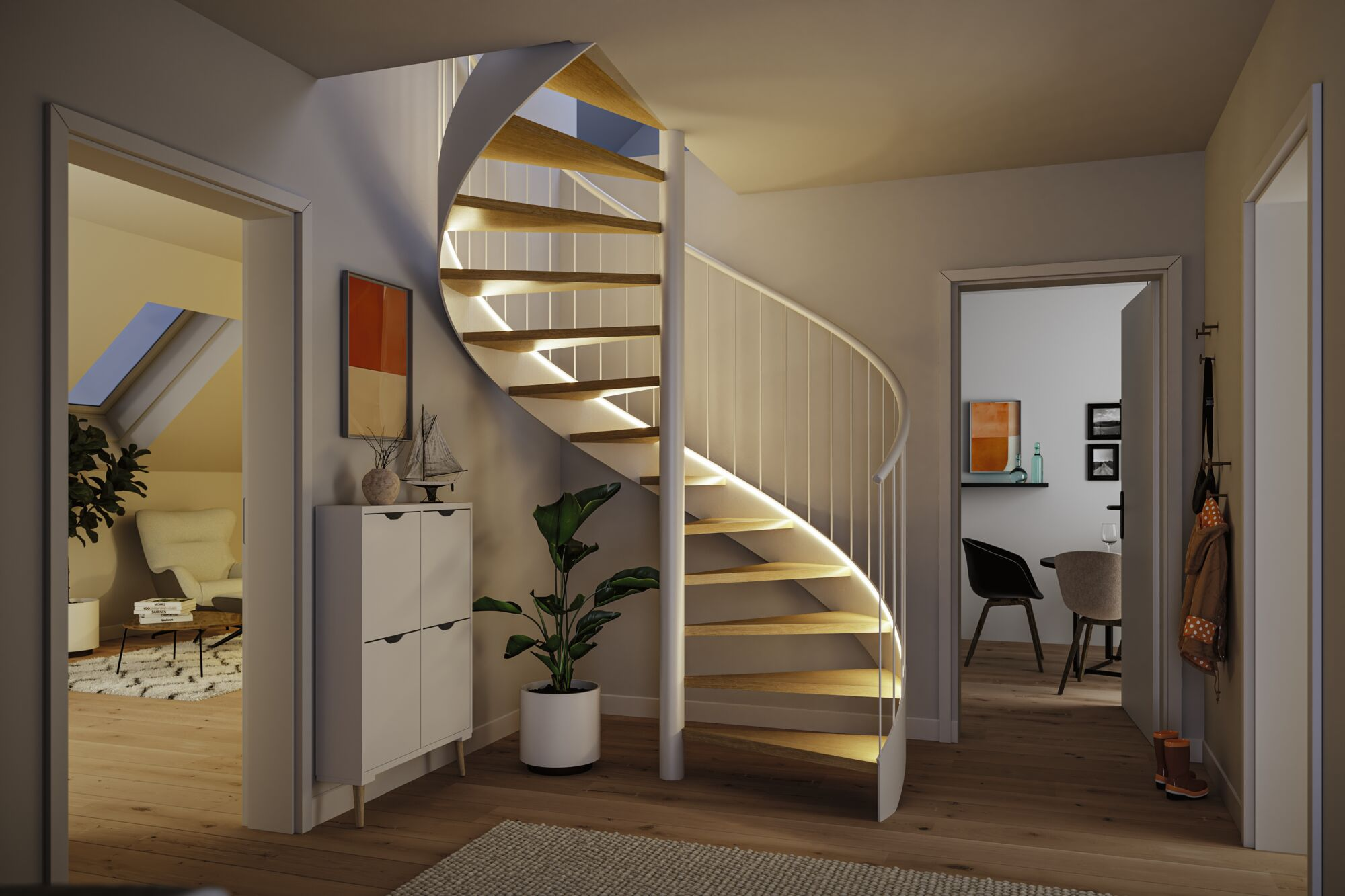 Ein modernes Interieur mit einer weißen Wendeltreppe mit Holzstufen und LED-Beleuchtung, einem weißen Schrank und Pflanzen.