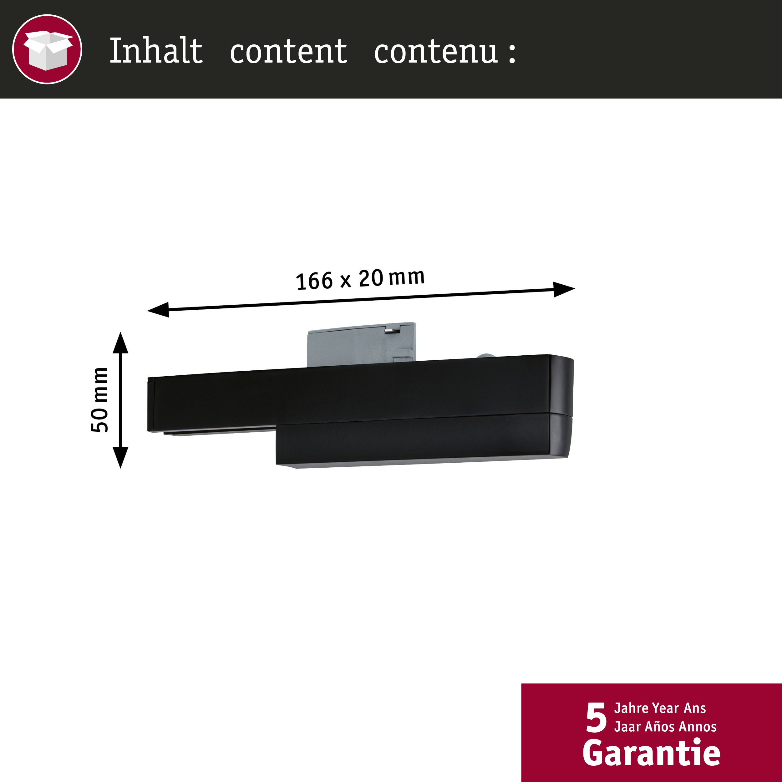 Schwarzes technisches Gerät mit Abmessungen von 166 x 20 mm und 50 mm Höhe sowie 5 Jahren Garantie.