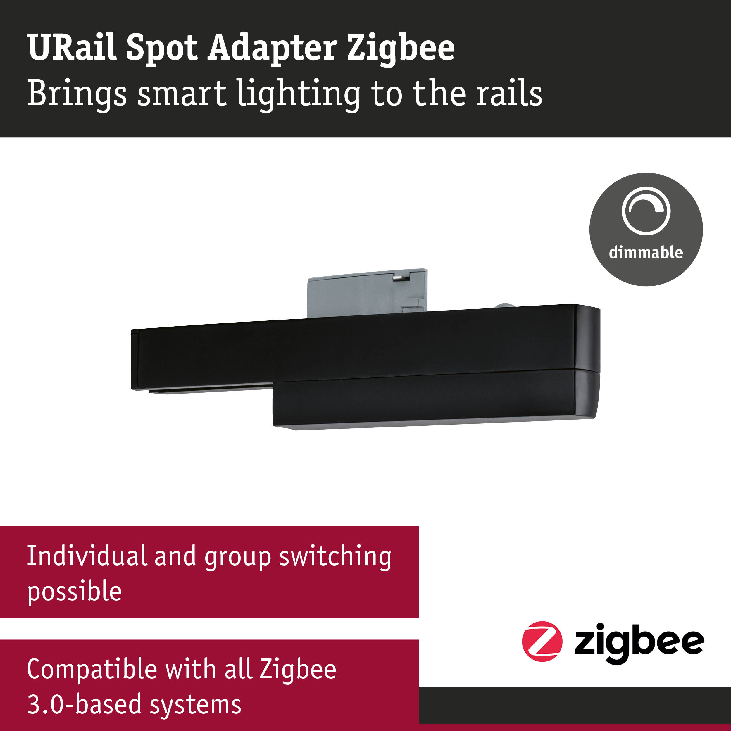 Schwarzer URail Spot Adapter Zigbee auf weißem Hintergrund mit Text und Dimmbar-Symbol.