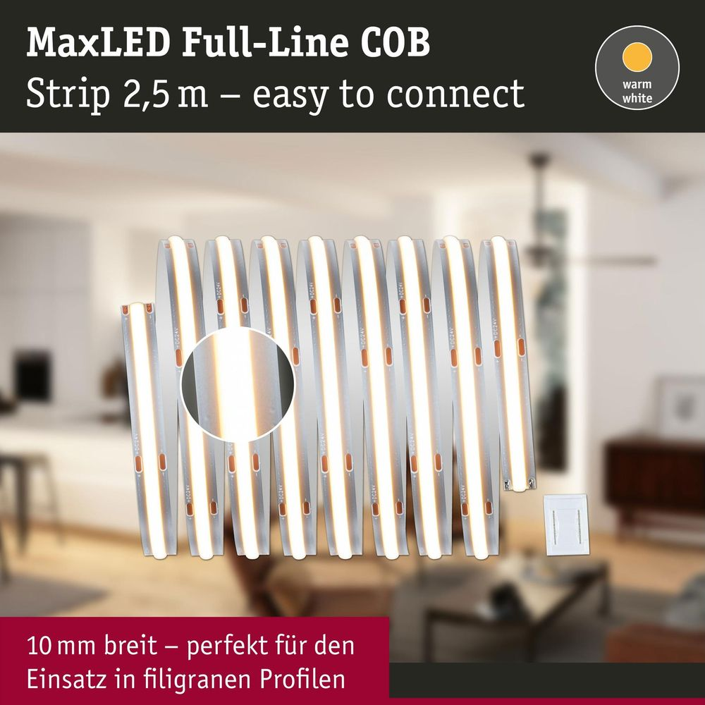 Taśma COB MaxLED Full-Line, 2,5 m, ciepła biel, na tle rozmytego salonu.