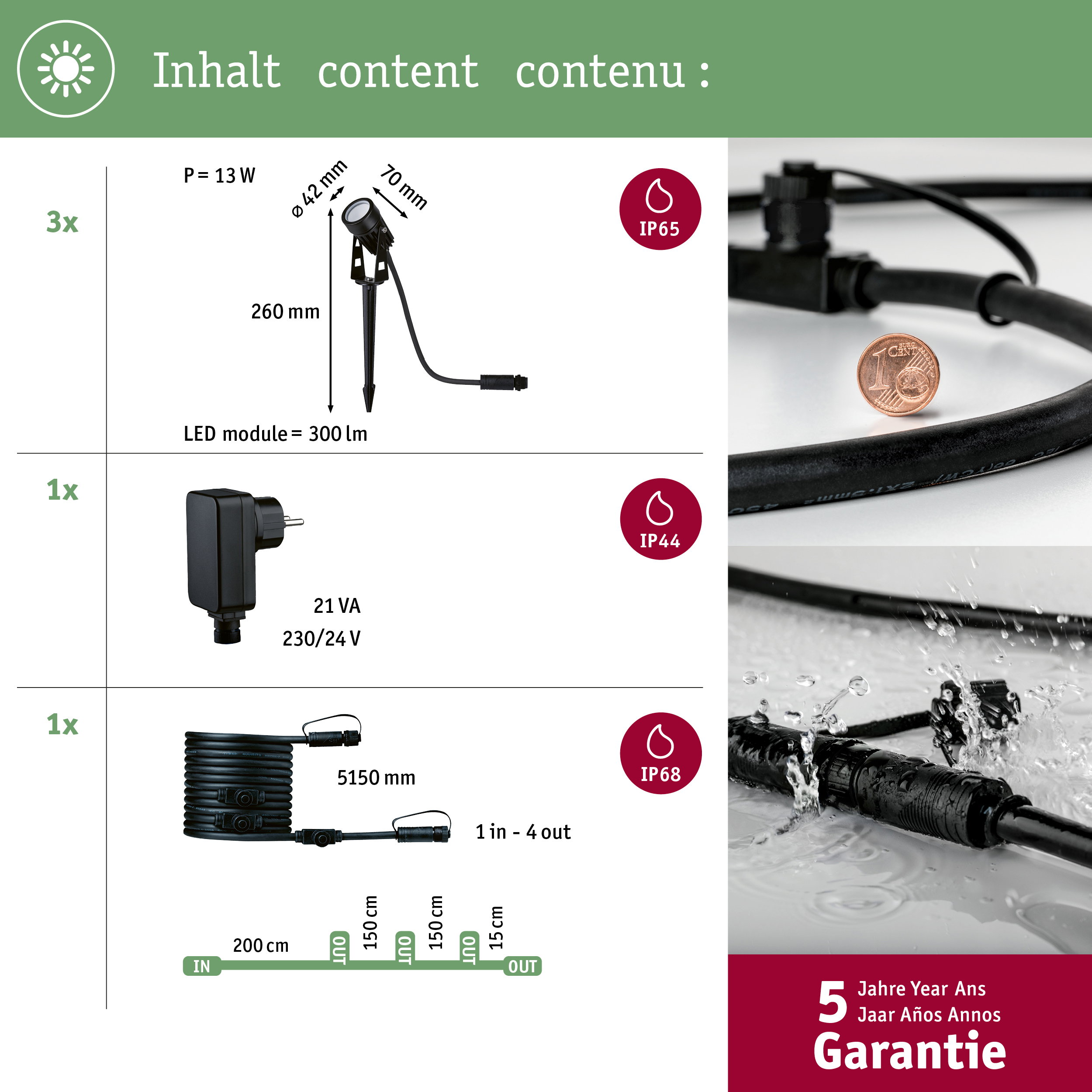 Zawartość produktu i dane techniczne zestawu oświetlenia ogrodowego z lampami, kablami i zasilaczem oraz 5-letnią gwarancją.