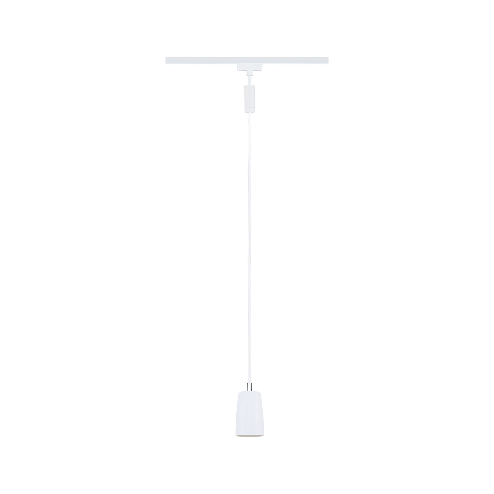 Eine weiße Hängeleuchte mit einem Lampenschirm und einem weißen Kabel an einer Schiene auf weißem Hintergrund.