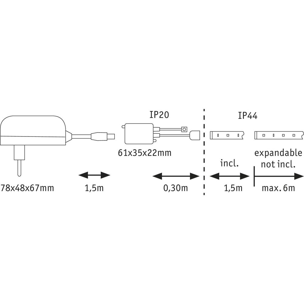 Technische Zeichnung mit Maßangaben für ein LED-Lichtband mit Netzteil und IP20/IP44 Schutzklassen.