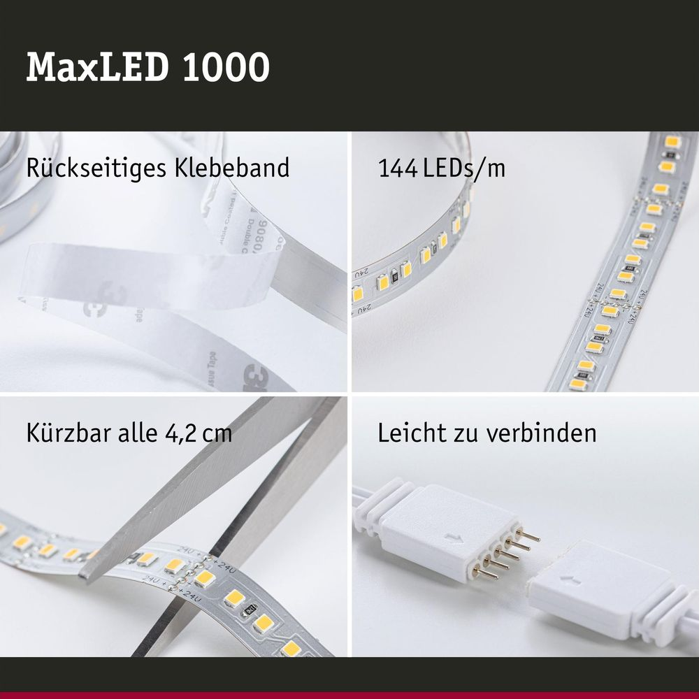 Vier Bilder zeigen die Eigenschaften des MaxLED 1000 Streifens: Klebeband, 144 LEDs/m, kürzbar und Steckverbinder.