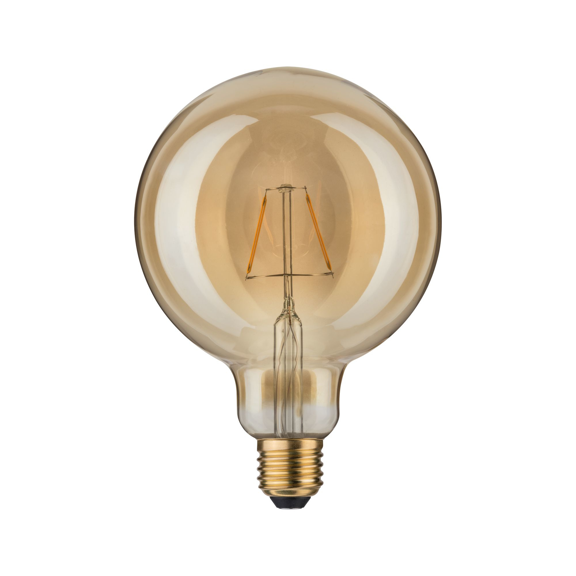 Eine bernsteinfarbene LED-Glühbirne in Kugelform mit sichtbarem Filament auf weißem Hintergrund.