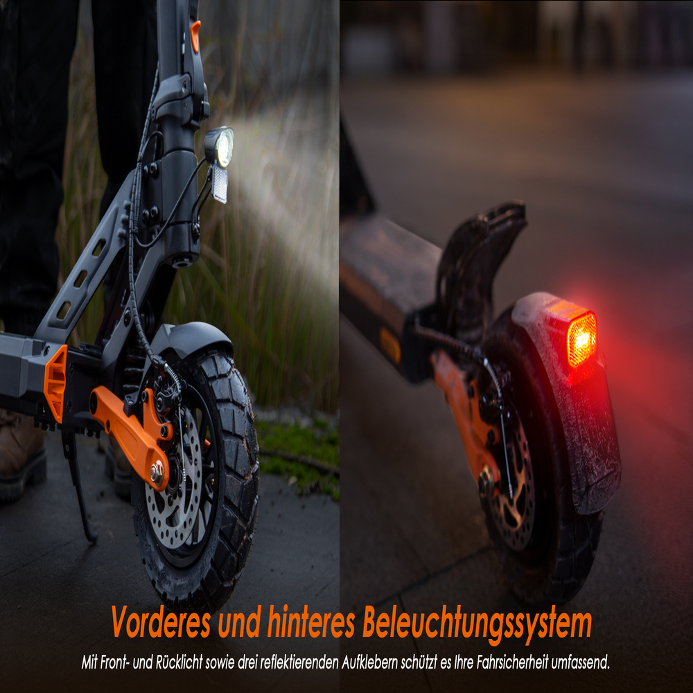 E-Scooter Beleuchtungssystem mit hellem Front- und rotem Rücklicht sowie orangen Akzenten.