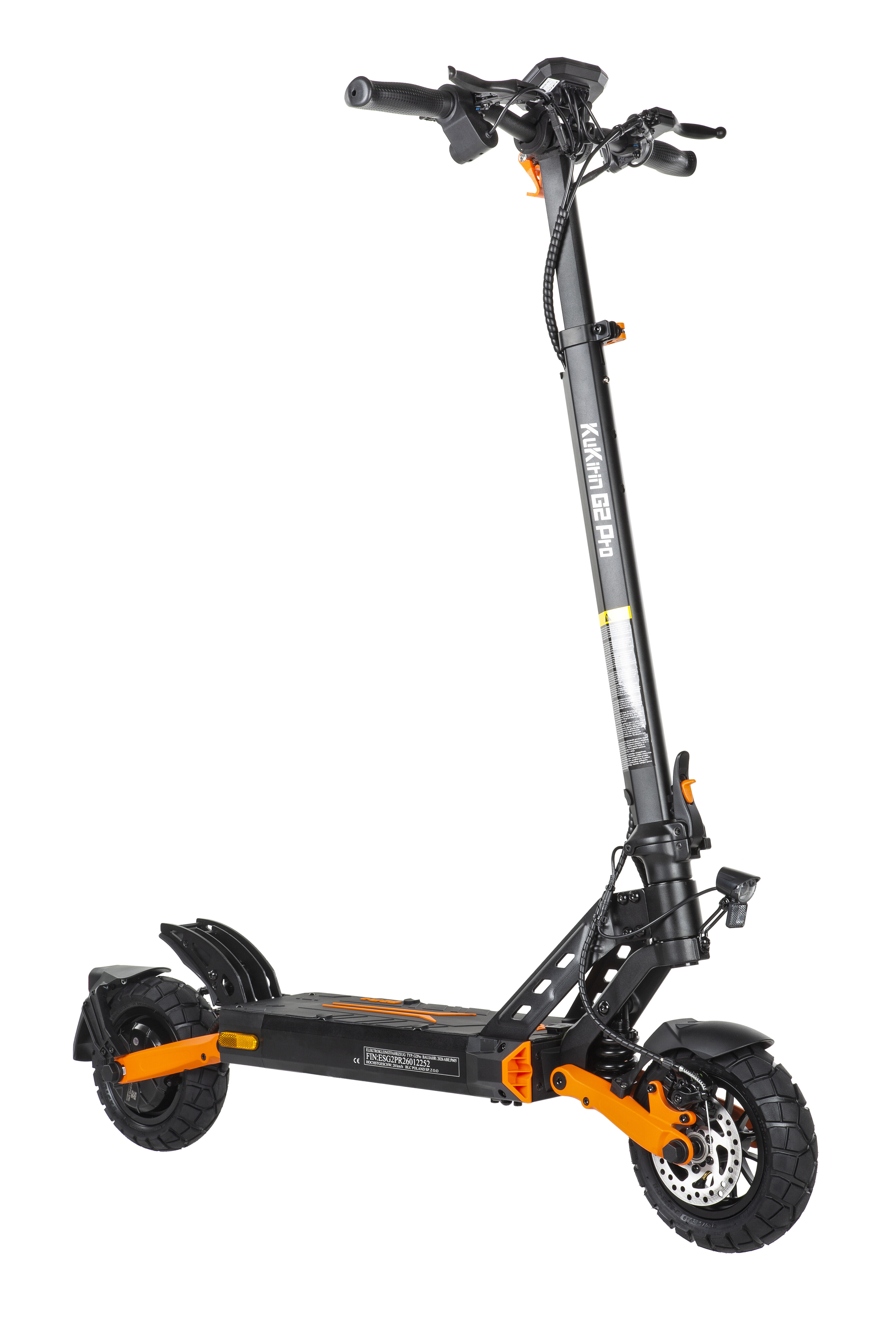 Ein schwarzer KuKirin G2 Pro Elektroscooter mit orangen Akzenten, vor weißem Hintergrund.