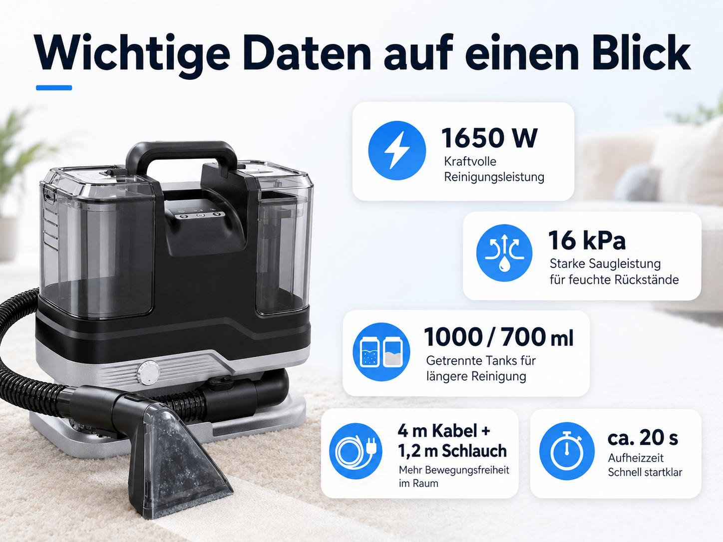 Produktgrafik eines kabellosen Teppichreinigers mit technischen Leistungsdaten in deutscher Sprache auf weißem Hintergrund.