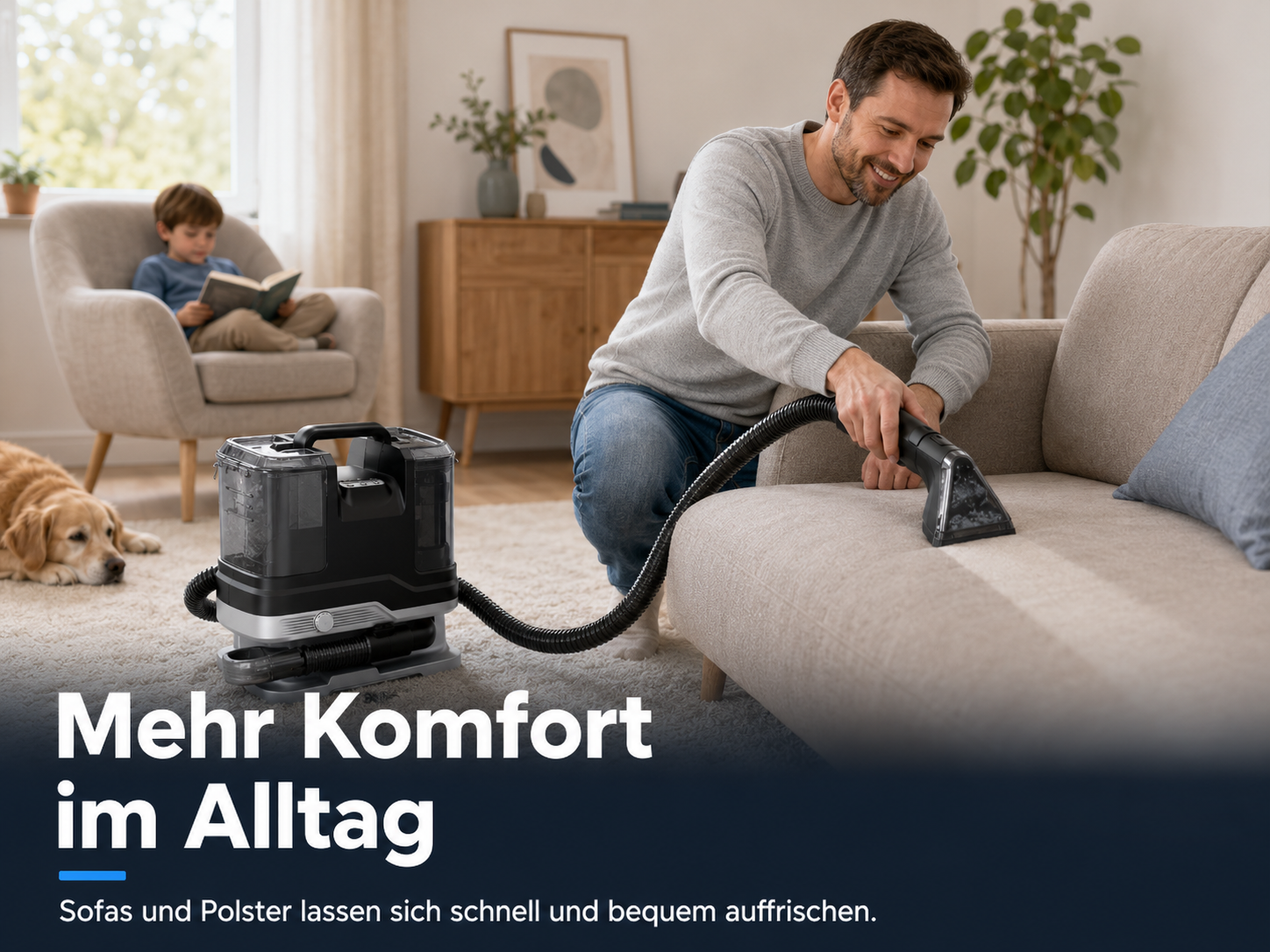 Ein Mann reinigt mit einem Polsterreiniger ein Sofa, während im Hintergrund ein Kind liest und ein Hund liegt.